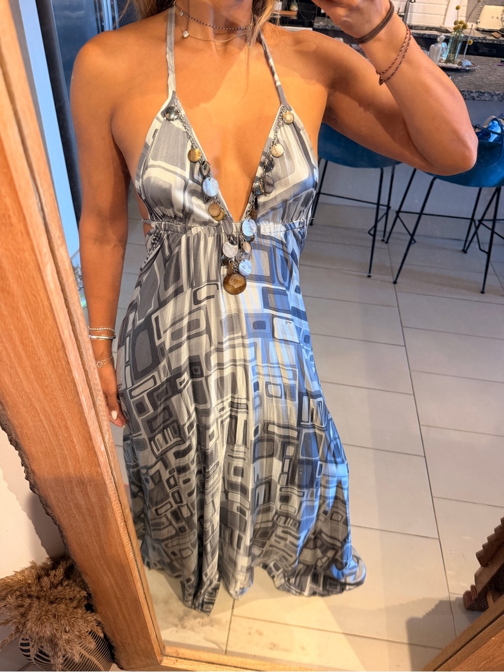 Vintage 90s Emilio Pucci Grey Geometric Halter Maxi Dress - Picture 10 of 10